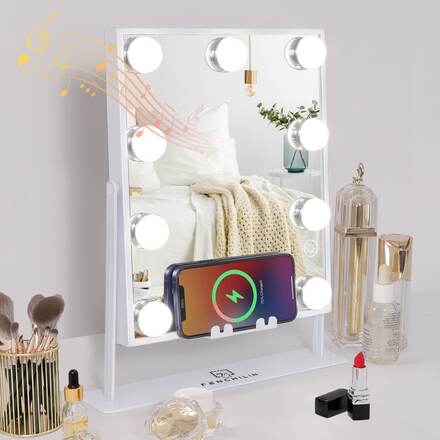 FENCHILIN Hollywood sminkspegel med lampor Bluetooth trådlös laddningsbordsskiva Vit 25 x 30 cm