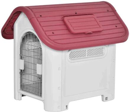 Rootz Dog House - Utomhus hundhus med tak - Luckport - Shelter för små hundar - Pen Air Circulation - Vattentät - Röd/Ljusgrå - 59 x 75 x 66 cm