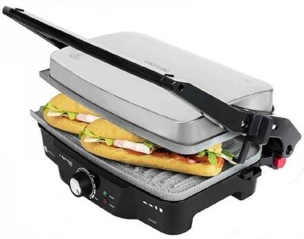Cecotec 1500-W electric contact grill, coated with RockStone, with 180-degree opening. Includes 2 fat-drip trays.