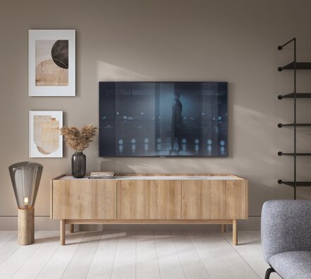 3xEliving Tv-bänk Bohemianova 144cm lång med ekfaner och marmorskiva - en elegant och stilren möbel för ditt vardagsrum, vardagsrum