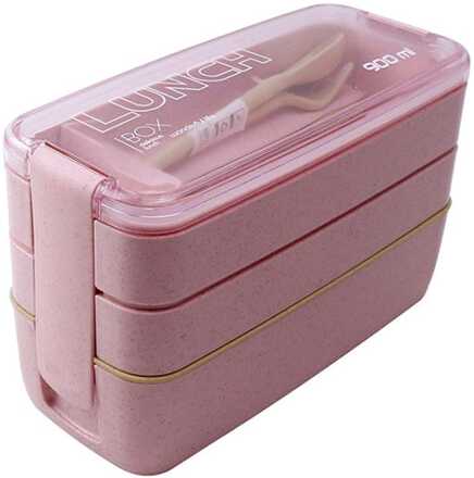900ml 3 Layers Bento Box Lunch Box Food Container Wheat Straw Material Microwavable Dinnerware Lunchbox(Pink)