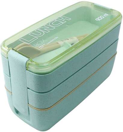 900ml 3 Layers Bento Box Lunch Box Food Container Wheat Straw Material Microwavable Dinnerware Lunchbox(Green)