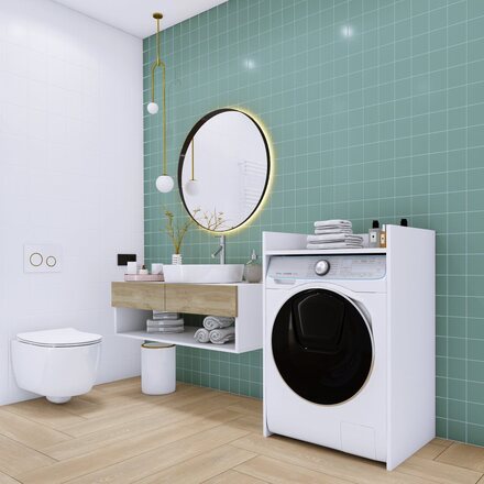 Badrumsskåp för tvättmaskin, slitstarkt, fristående med hylla - VIT, 64 cm x 97,5 cm x 50 cm, badrumshylla, badrumspelare
