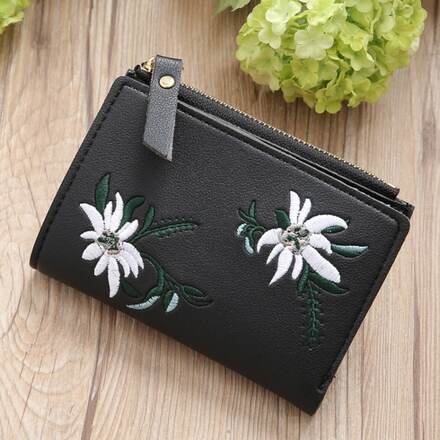 Embroidery Short Wallet PU Leather Wallets Female Floral Hasp Coin Purse Zipper Bag Card Holders(Black)
