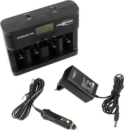 ANSMANN Powerline 5 Pro - Batteriladdare - (för 4xAA/AAA/C/D, 1x9V) + växelströmsadapter + bilströmsadapter - 1800 mA (USB) - svart