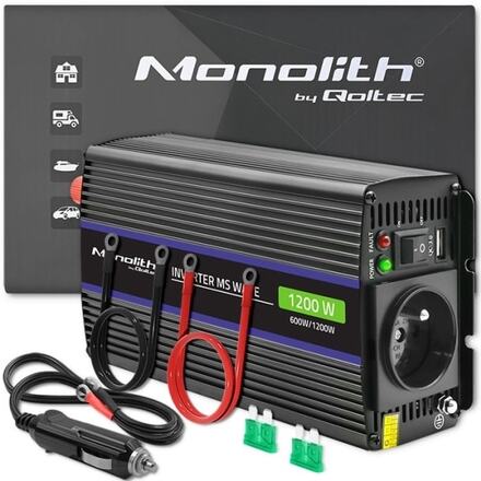 Qoltec Monolith 1200 MS Wave spänningsomvandlare | 12V till 230V | 600/1200W | USB