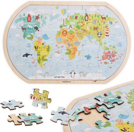 Mamabrum, träpussel - världskarta, träram, 36 färgglada träpussel som skapar en världskarta, stimulerar fantasin...