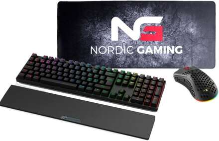 Nordic Gaming Gamer-paket. Mekaniskt tangentbord, trådlös mus och stor musmatta.
