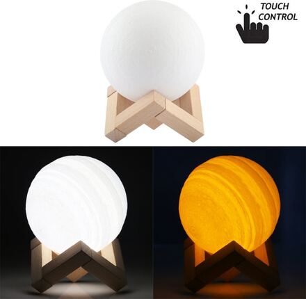 10cm Touch Control 3D Print Jupiter Lamp, USB Charging 2-Color Changing Energy-saving LED Night Light with Wooden Holder Base
