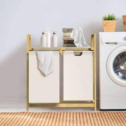 Tvättkorg med två utdragbara tvättpåsar Beige 2x30 liter Ram i bambuträ ML-design