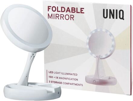 UNIQ vikbar sminkspegel med ljus LED och 10x förstoring