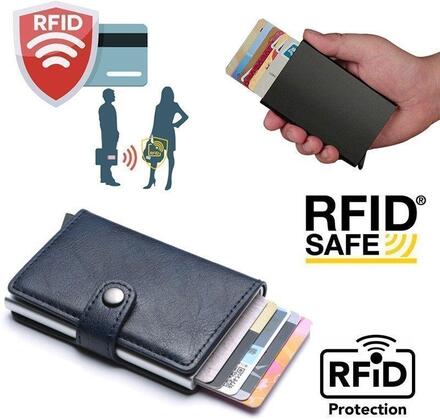 PopUp Smart korthållare skjuter Fram 8st Kort RFID-NFC Säker- Mörkblå- Fri Frakt