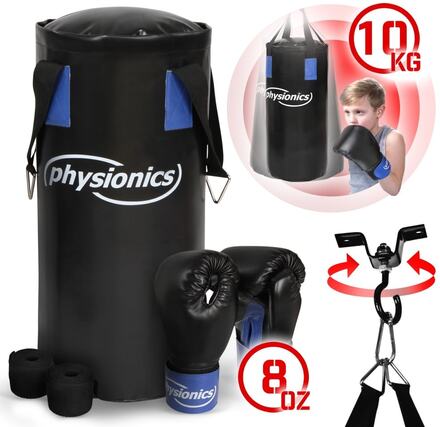 Physionics - Boxningssättpåse med handskar och bandager - Kickboxning - MMA - Kampsport - Barns sparkpåse - 25 x 55 cm