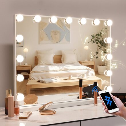 FENCHILIN Hollywood sminkspegel med lampor Bluetooth bordsskiva väggfäste Vit 58 x 46 cm