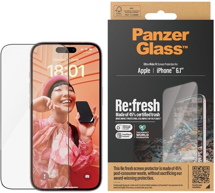 PanzerGlass iPhone 15 Skärmskydd Re:fresh Ultra-Wide Fit EasyAligner