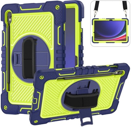 For Samsung Galaxy Tab S9 360 Degree Rotation PC Contrast Silicone Tablet Case(Navy Blue + Yellow Green)