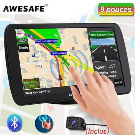 AWESAFE GPS bilnavigering 9 tums pekskärm 48 kartor Europa gratis permanent uppdatering (medföljer backkamera