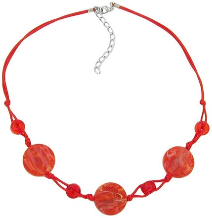 NECKLACE DISK SHAPED RED MARBLED BEADS RED CORD