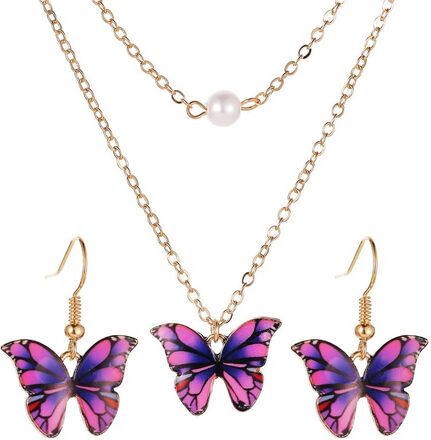 INF Smyckesset med tvåradigt halsband och örhängen Fjärilar Lila