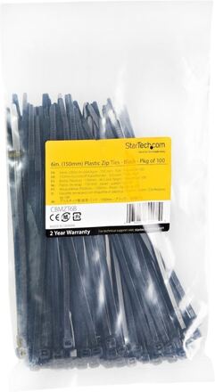 StarTech.com 15cm kabelkopplingar - 3mm bred, 39mm buntdiameter, 18kg draghållfasthet, självlåsande spärrband för nylon med böjd spets, 94 V-2/UL listad, 100-pack - svart