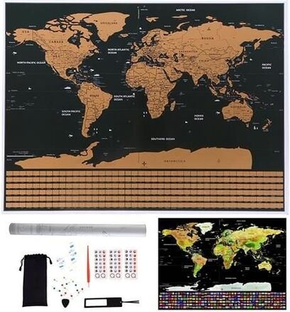 Karta med Skrapa med Accessoarer / Scratch Map / Världskarta - 82 x 59 cm