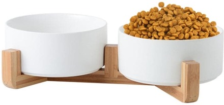 13cm/400ml Cat Bowl Dog Pot Pet Ceramic Bowl, Style:Double Bowl With Wooden Stand(White)