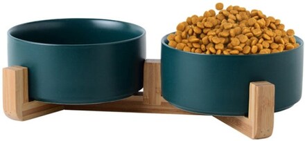 13cm/400ml Cat Bowl Dog Pot Pet Ceramic Bowl, Style:Double Bowl With Wooden Stand(Green)