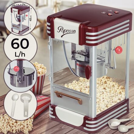 Jago - Retro Automatisk Popcornmaskin - 50-tals look - Rostfritt stål - 60L/Timme - 28 x 24 x 45 cm