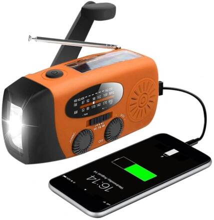 Vevradio med Solceller / Ficklampa - 2000mAh Powerbank - Orange