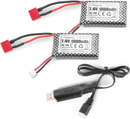Xinlehong 2st 7.4V 1000mAh med T-kontaktkontakt för 18859 18858 Q902 35-DJ03 med RC USB-laddare - Tillbehör till Fjärrstyrda Leksaker Lipo-batterier