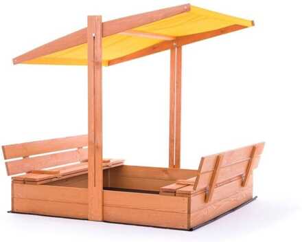 Sandlåda - trä - med tak och bänkar - 120x120 cm - gul