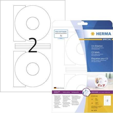 Herma 5079 Ø 116 mm Papper Vit 50 st Permanent CD-etiketter Bläck, Laser