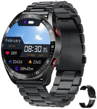 Svart Smartwatch med metallarmband, Android/iOS, Pekskärm, Bluetooth, Puls & blodtrycksmätare, IP67