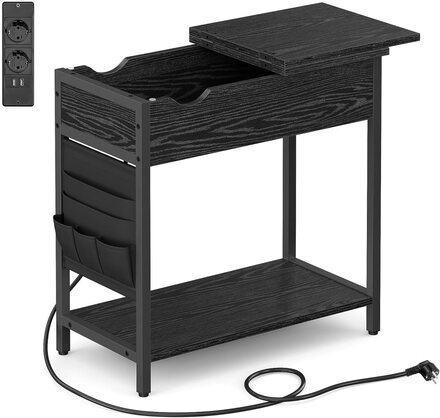 Vasagle sidobord med kraftremsa, med USB -portar, nattduksbord, svart träeffekt