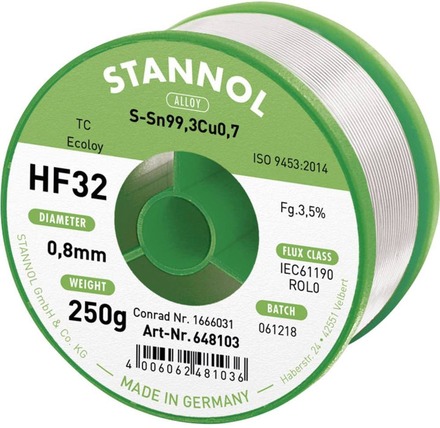 Stannol HF32 3,5% 0,8MM SN99CU0,7 CD 250G Lödtenn, blyfri Blyfri Sn99,3Cu0,7 250 g 0.8 mm