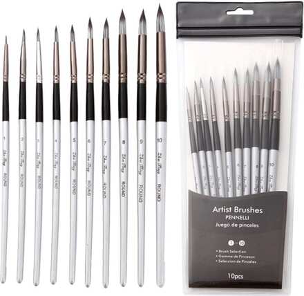 10 In 1 Nylon Hair Watercolor Paint Brush Set Wooden Handle Round Pointed Acrylic Painting Pens(Silver Black)