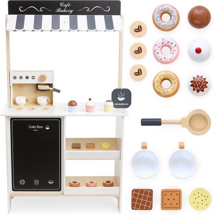 Mamabrum Café i trä för barn 3+, stor leksaksställning med kaffemaskin och tillbehör, rollspelsleksaker: Leksak med konfektyr, leka med mat...