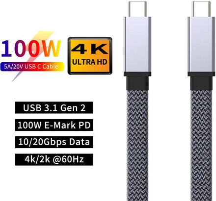 NÖRDIC 2m Platt USB3.2 Gen2 SuperSpeed USB 10Gbps USB-C till C nylonflätad kabel med Power Delivery 100W, 4K60Hz video och Emarker