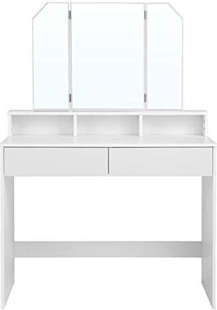 Vasagle toalettbord med tri-fold spegel, sminkbord med 2 lådor och 3 öppna fack, vit