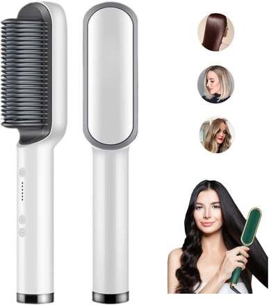 2 In 1 Hair Straightener Brush And Curler Negative Ion Hair Straightener Styling Comb(White)