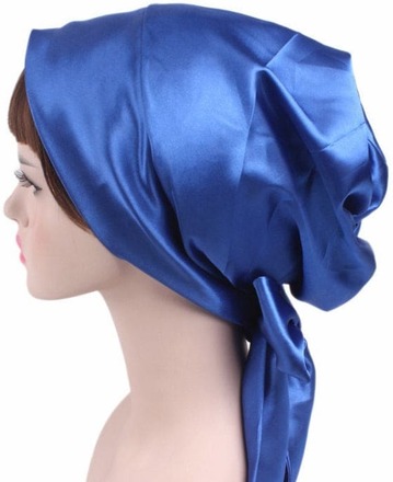 2st TJM-226 Kvinnors Satin Tryckt Band Rosett Turban Hatt Nattmössa Silk Kemoterapi Hatt Lång Svans Flätad Hatt (Royal Blue)