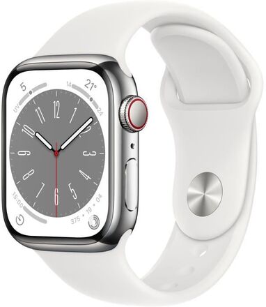 Apple Watch Series 8 GPS + Cellular - 41mm - Silver rostfritt stål - White Sport Band Armband - Regular