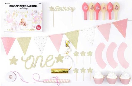 Dekorationsset Första födelsedagen, rosa - PartyDeco