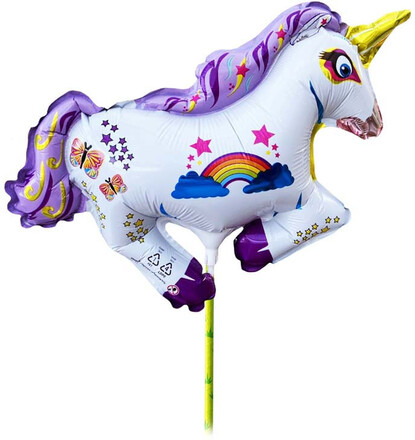 Folieballong med pinne Unicorn med regnbåge & fjärilar
