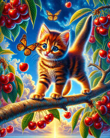 Katze auf Baum, Kirschen – Malen nach Zahlen, 40x50cm / Fertig bespannt / 36 Farben (Bestseller)
