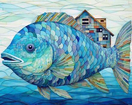 Fisch, Blaue Farben - Malen nach Zahlen, 60x50cm / Mit Keilrahmen / 24 Farben (Einfach)