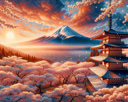 Malen nach Zahlen - Japan Mount Fuji, 50x40cm / Fertig bespannt / 48 Farben (Höchste Details)