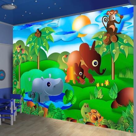 Fototapet - Wild Animals in the Jungle - Elephant, monkey, turtle with trees for children - Standard 150x105