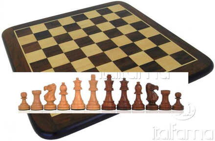 Komplett Schack set E003 Schack pjäser, vägda i Gyllene Rosenträ inklusive Schackbräde 38x38 cm i Rosenträ