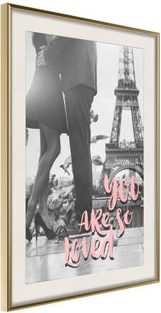 Inramad Poster / Tavla - Love in Paris - 40x60 Guldram med passepartout